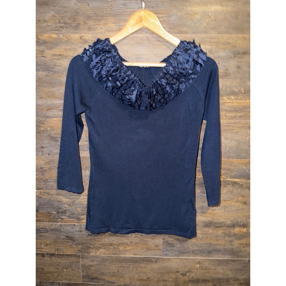 Alberto Makali Navy Blue Ruffle Collar Knit Top 3/4 Sleeve Size M